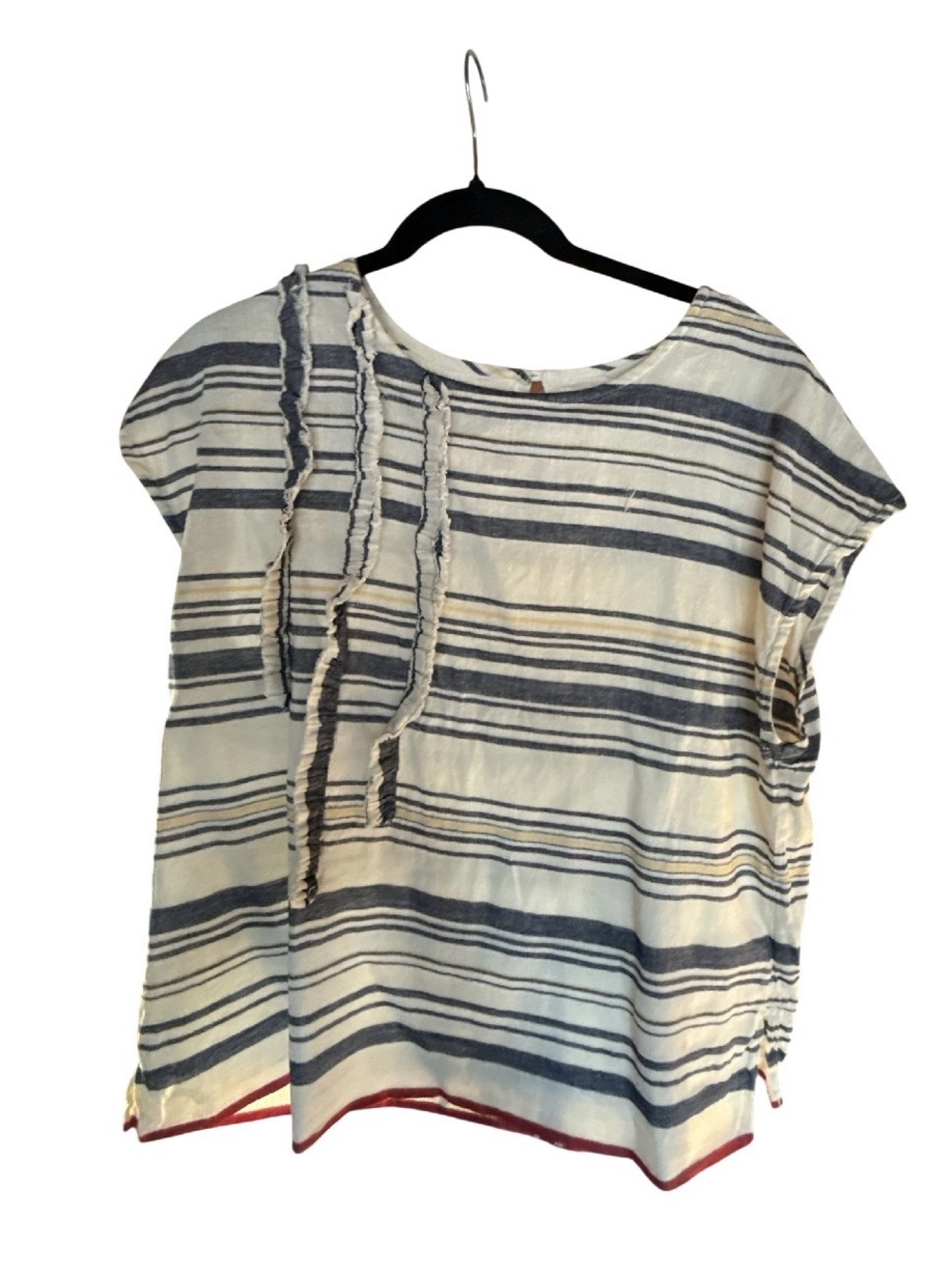 Striped Cotton-Linen Short-Sleeve Tunic Top in Navy and White